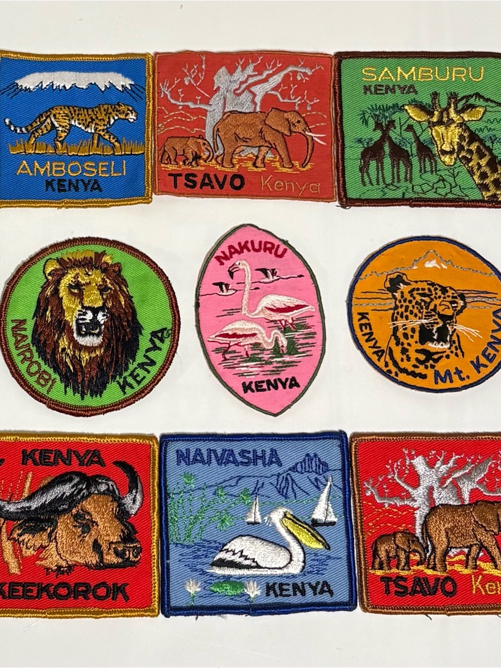 Vintage Kenya Wildlife Embroidered Sew-On Patch Set of 9